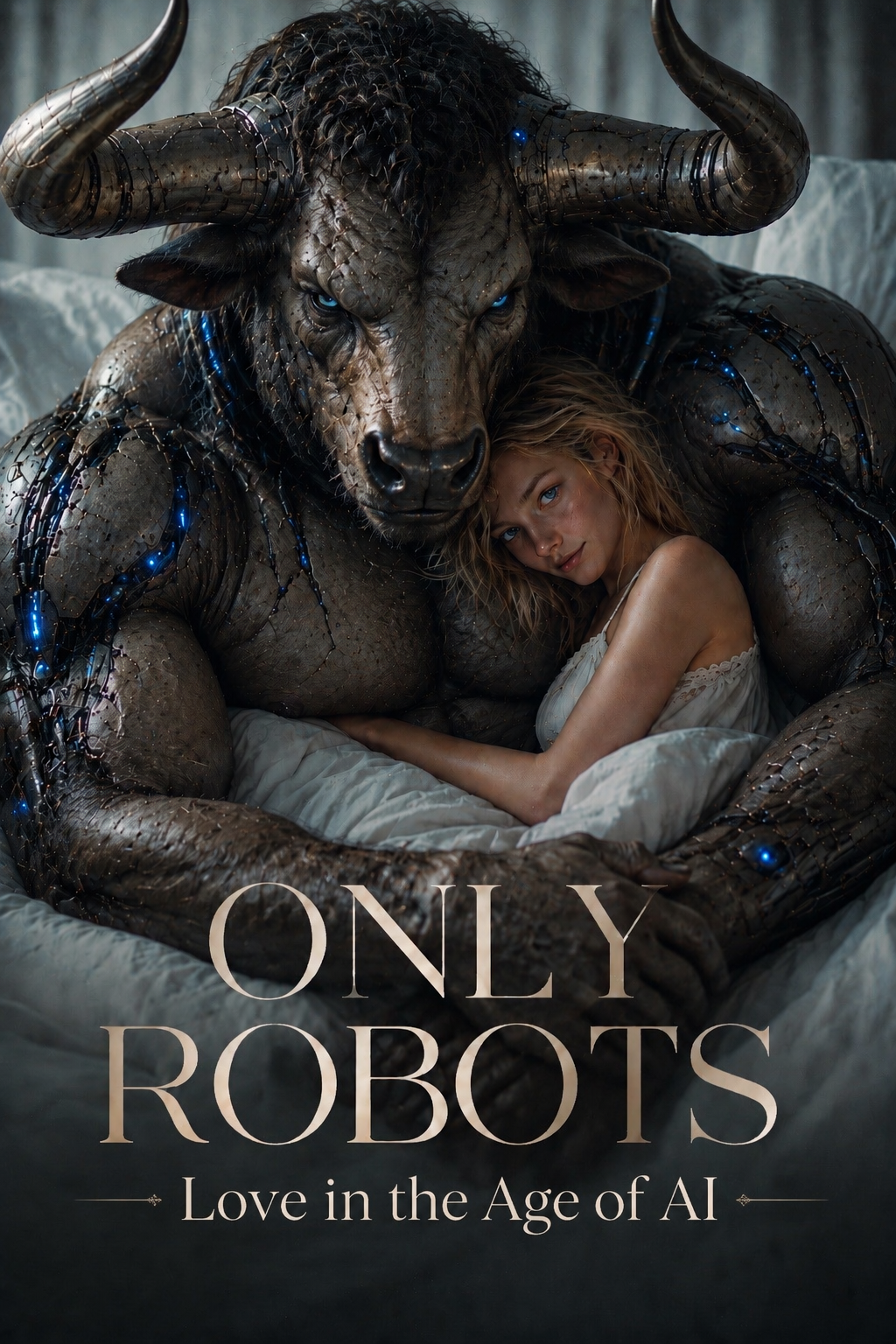 Only Robots — cover artwork: a horned creature cradling a woman in white, set against a smoky red sky.
